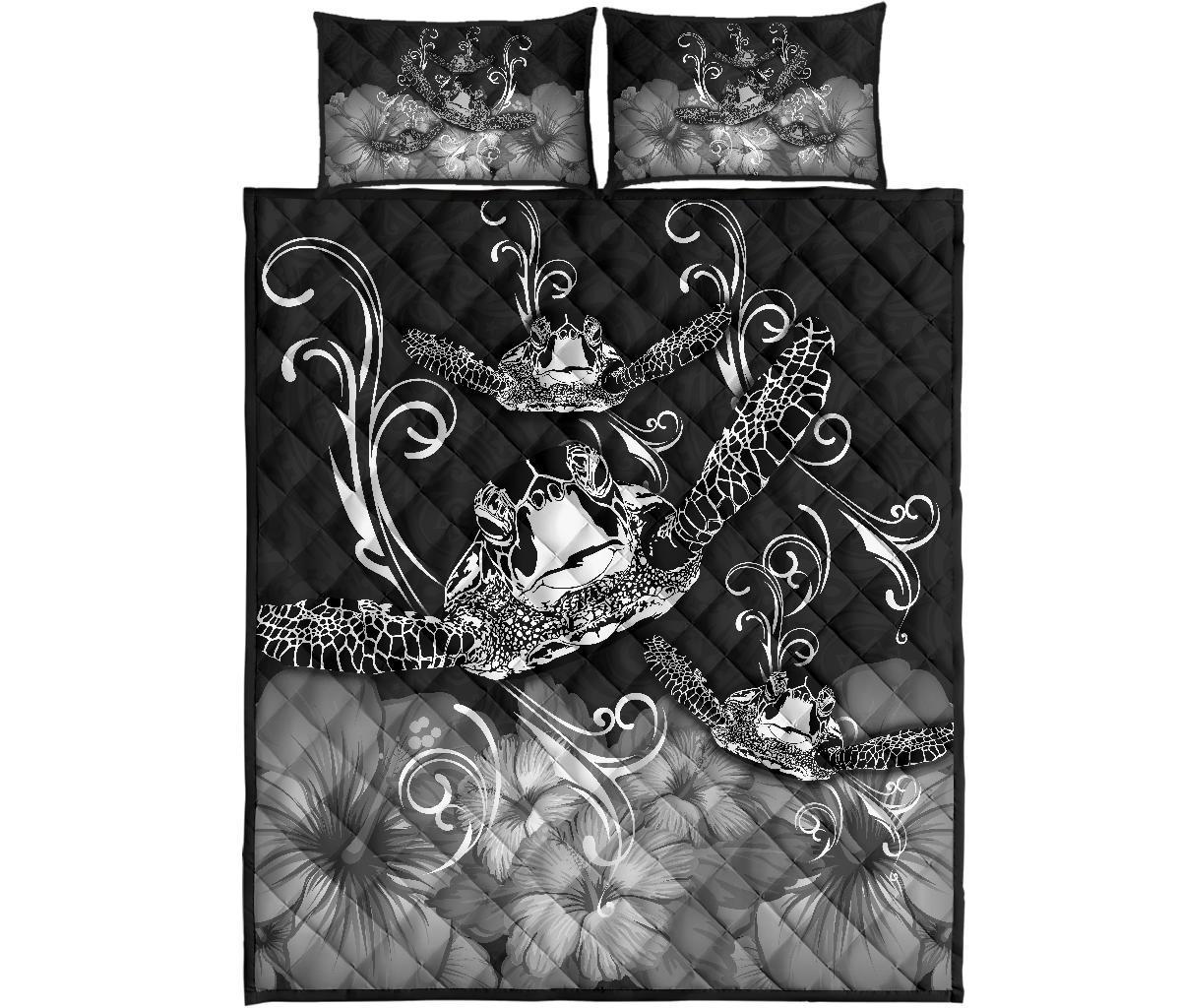 Hawaii Polynesian Turtle Waves Hibiscus Quilt Bed Set - Erik Style - AH - Grey Grey - Polynesian Pride