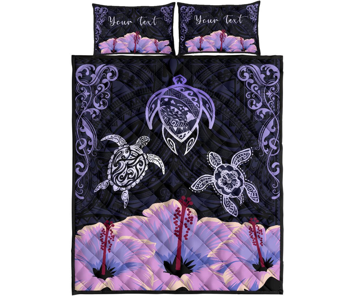 Hawaii Map Turtle Hibiscus Polynesian Luxury Personalized Quilt Bed Set - Honu Ohana - Purple Art - Polynesian Pride