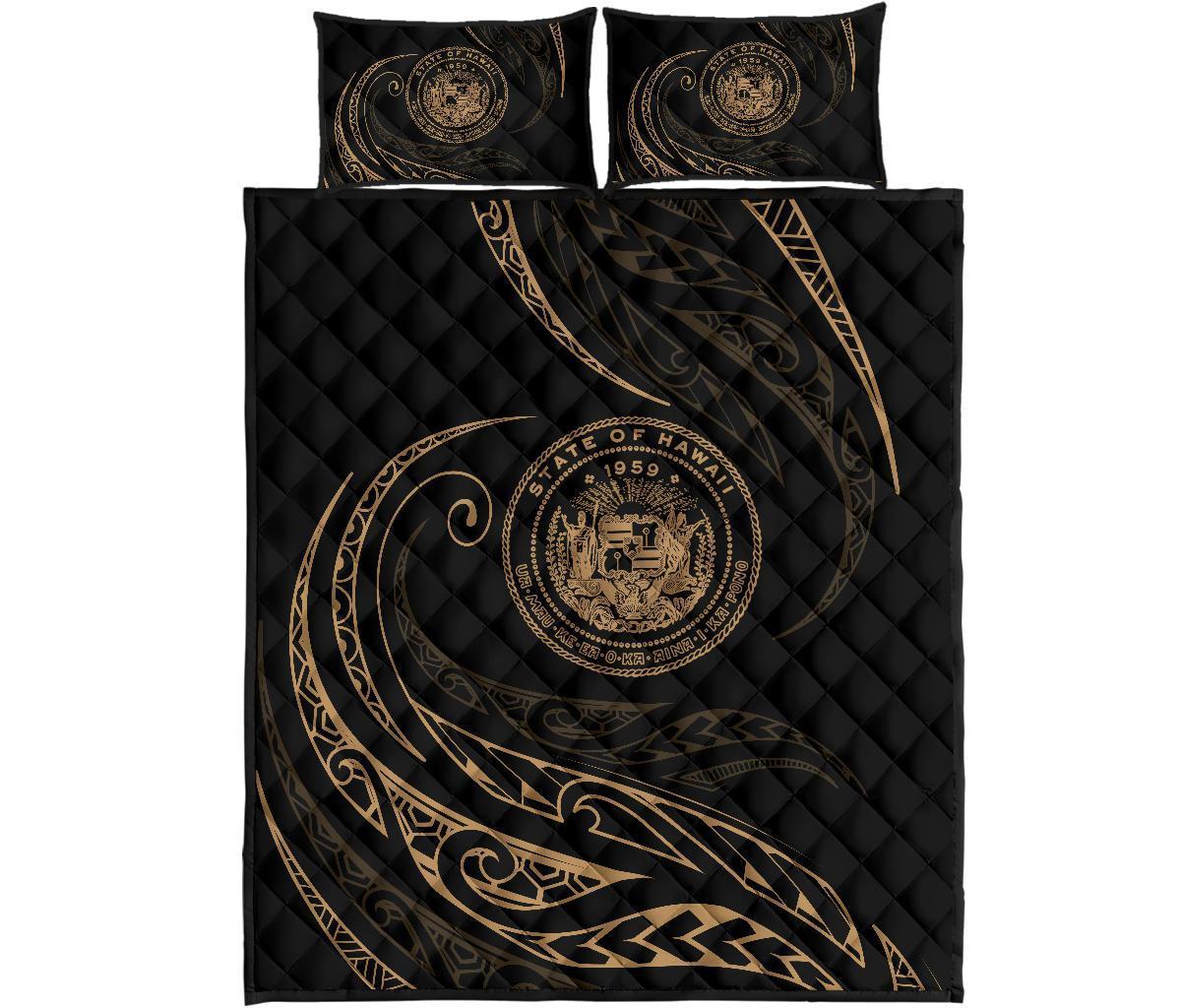 Hawaii Coat Of Arms Quilt Bed Set - Gold - Frida Style Black - Polynesian Pride