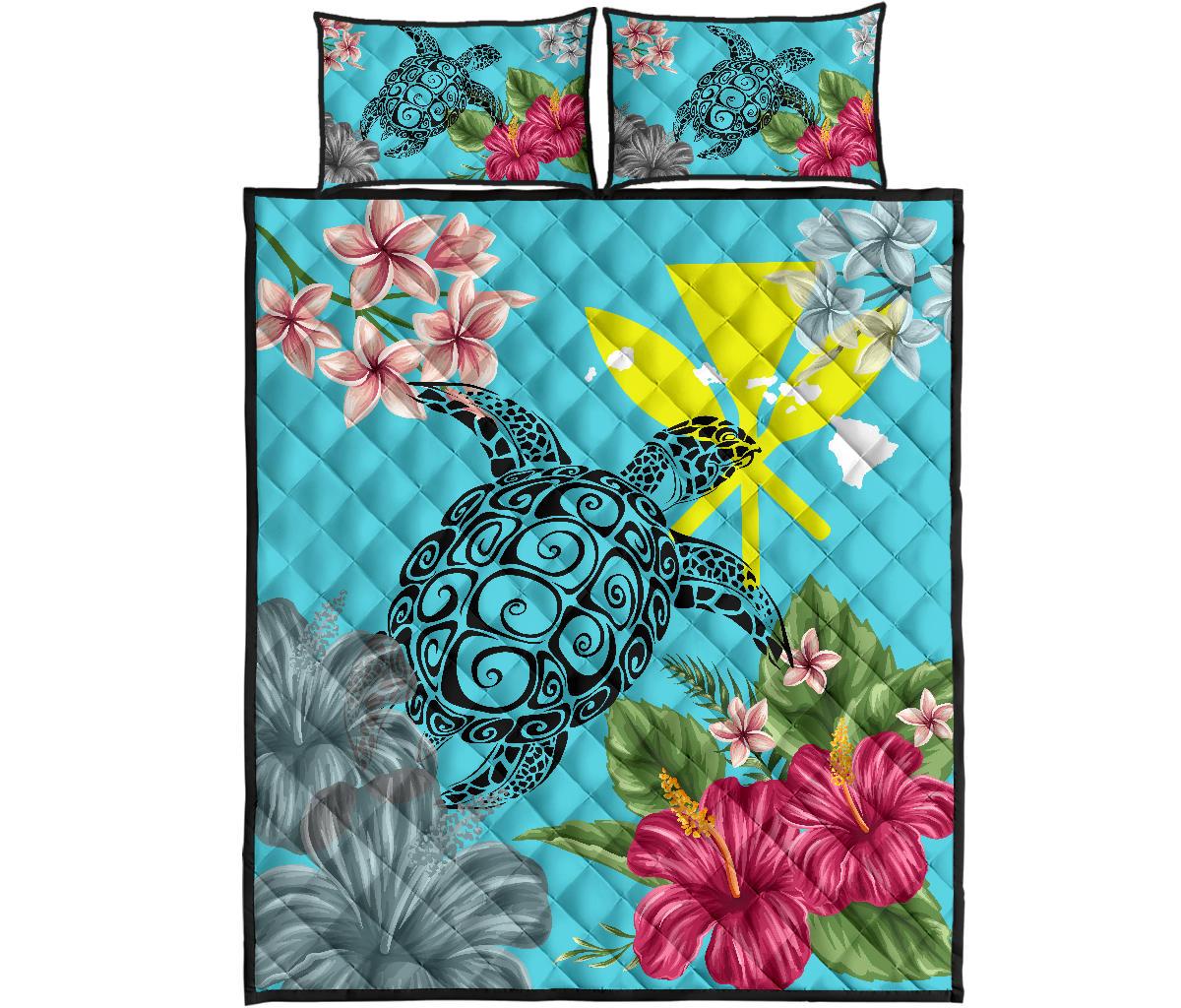 Hawaii Kanaka Turtle Hibiscus Plumeria Tropical Style - Quilt Bed Set AH Blue - Polynesian Pride