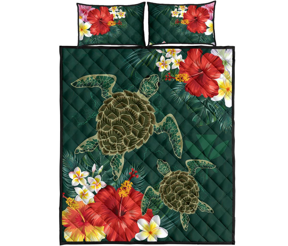 Hawaii Sea Turtle Hibiscus Plumeria Quilt Bed Set Green - Polynesian Pride