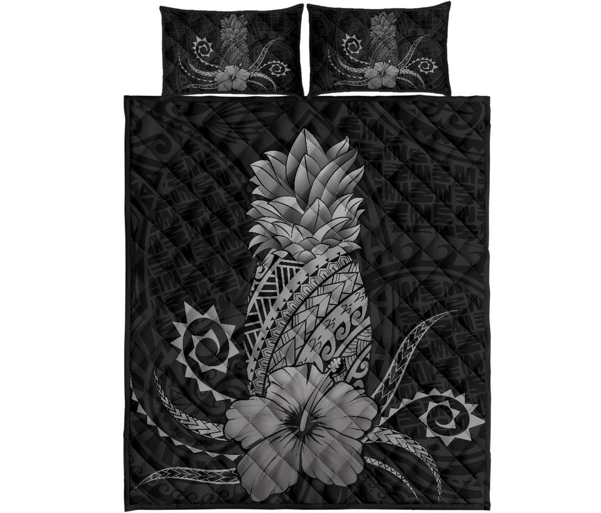 Hawaii Polynesian Pineapple Hibiscus Quilt Bed Set - Zela Style Gray Gray - Polynesian Pride