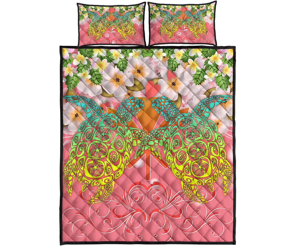 Hawaii Turtle Couple Plumeria Valentine Pattern Quilt Bed Set - Bond Style - AH Art - Polynesian Pride