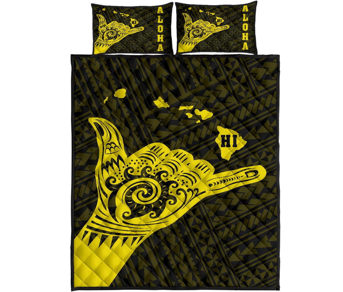 Hawaii Shaka Map Polynesian Quilt Bed Set - Yellow Yellow - Polynesian Pride