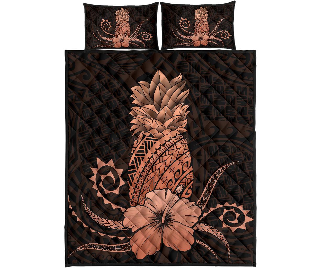 Hawaii Polynesian Pineapple Hibiscus Quilt Bed Set - Zela Style Orange Orange - Polynesian Pride