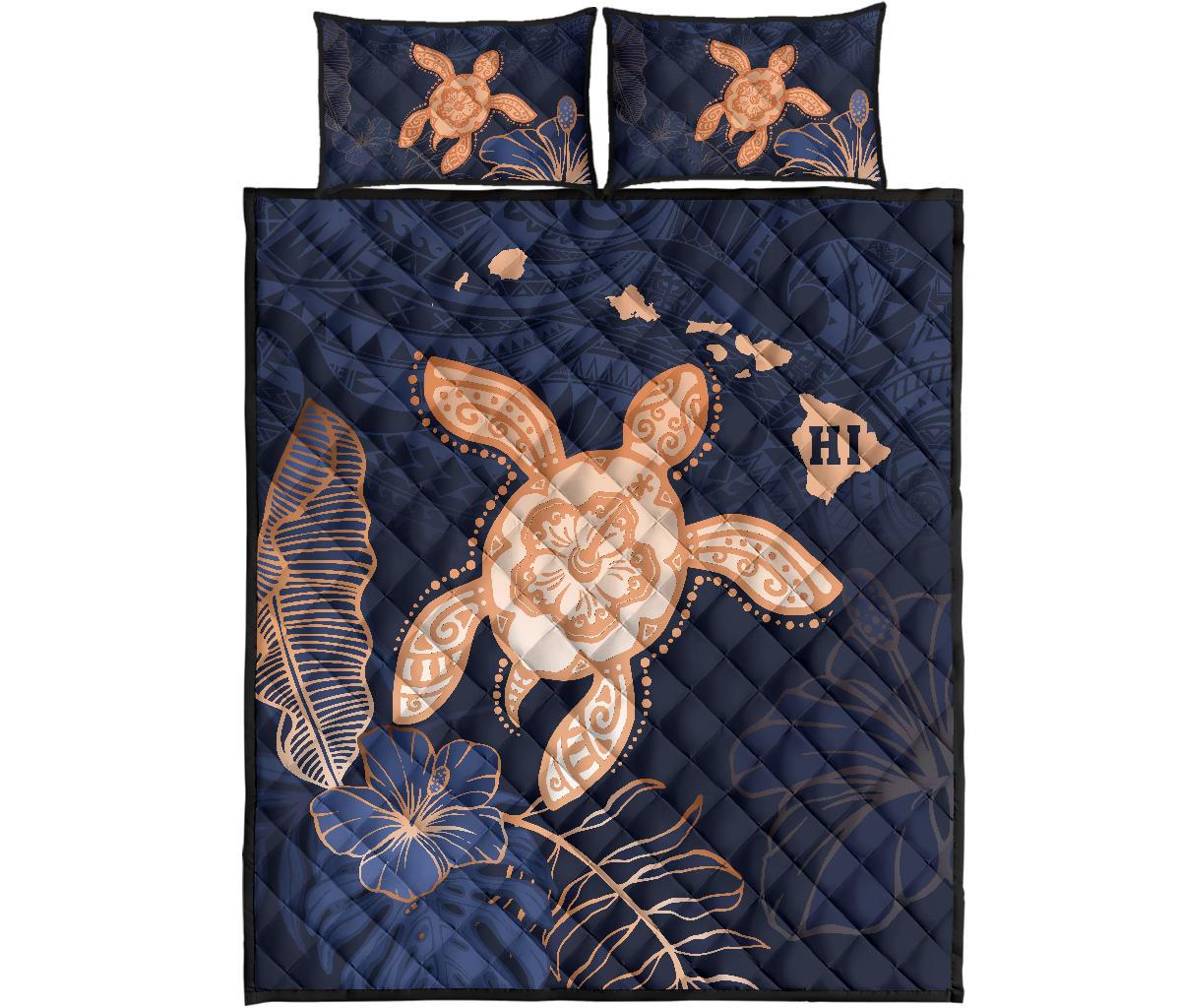 Hawaii Kakau Polynesian Turtle Map Quilt Bed Set - Indigo Ver 1 Blue - Polynesian Pride