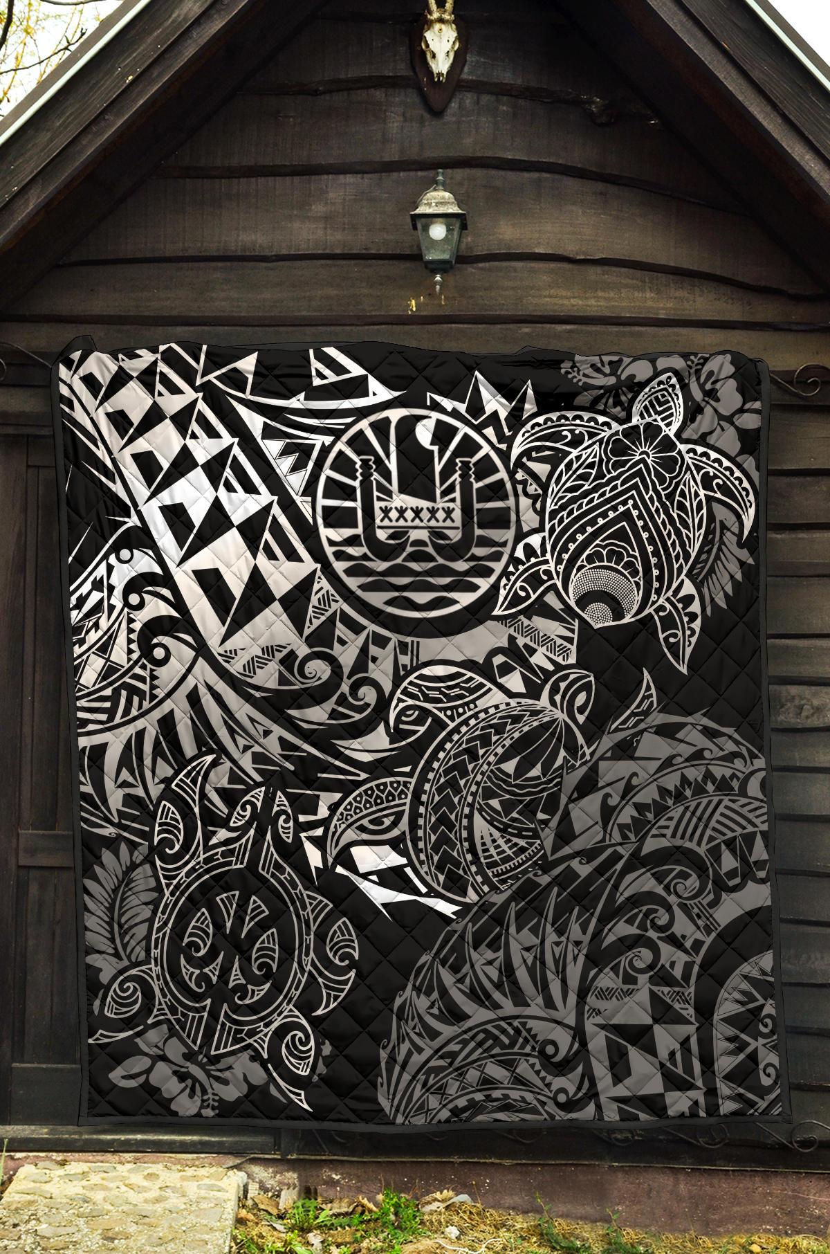 Tahiti Polynesian Premium Quilt - White Turtle Hibiscus Flowing - Polynesian Pride