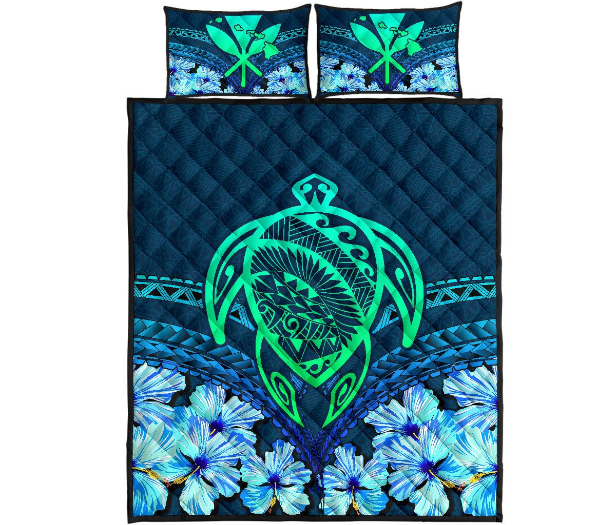 Hawaii Turtle Hibiscus Quilt Bed Set - Choco Style Blue - Polynesian Pride