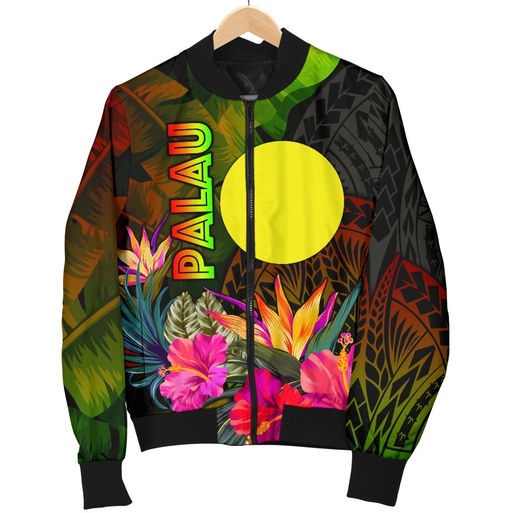 Palau Polynesian Men's Bomber Jacket - Hibiscus and Banana Leaves - Polynesian Pride