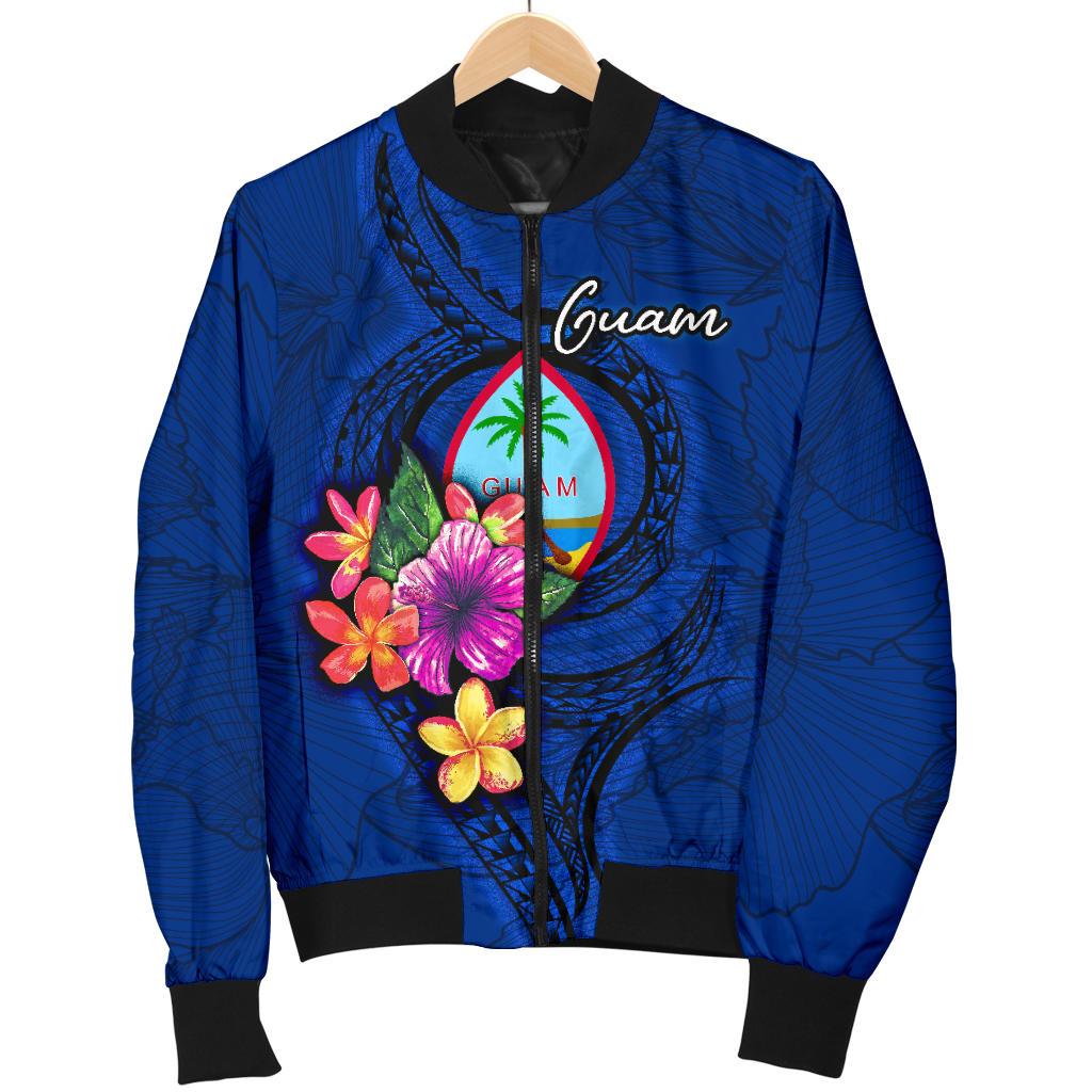 Guam Polynesian Men's Bomber Jacket - Floral With Seal Blue Blue - Polynesian Pride