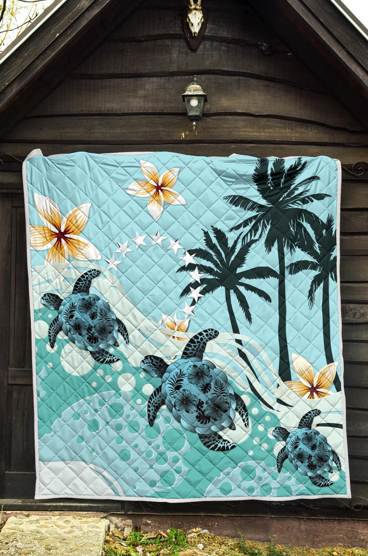 Cook Islands Premium Quilt - Blue Turtle Hibiscus - Polynesian Pride