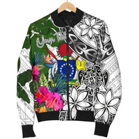 Cook Islands Custom Personalised Men's Bomber Jacket White - Turtle Plumeria Banana Leaf - Polynesian Pride