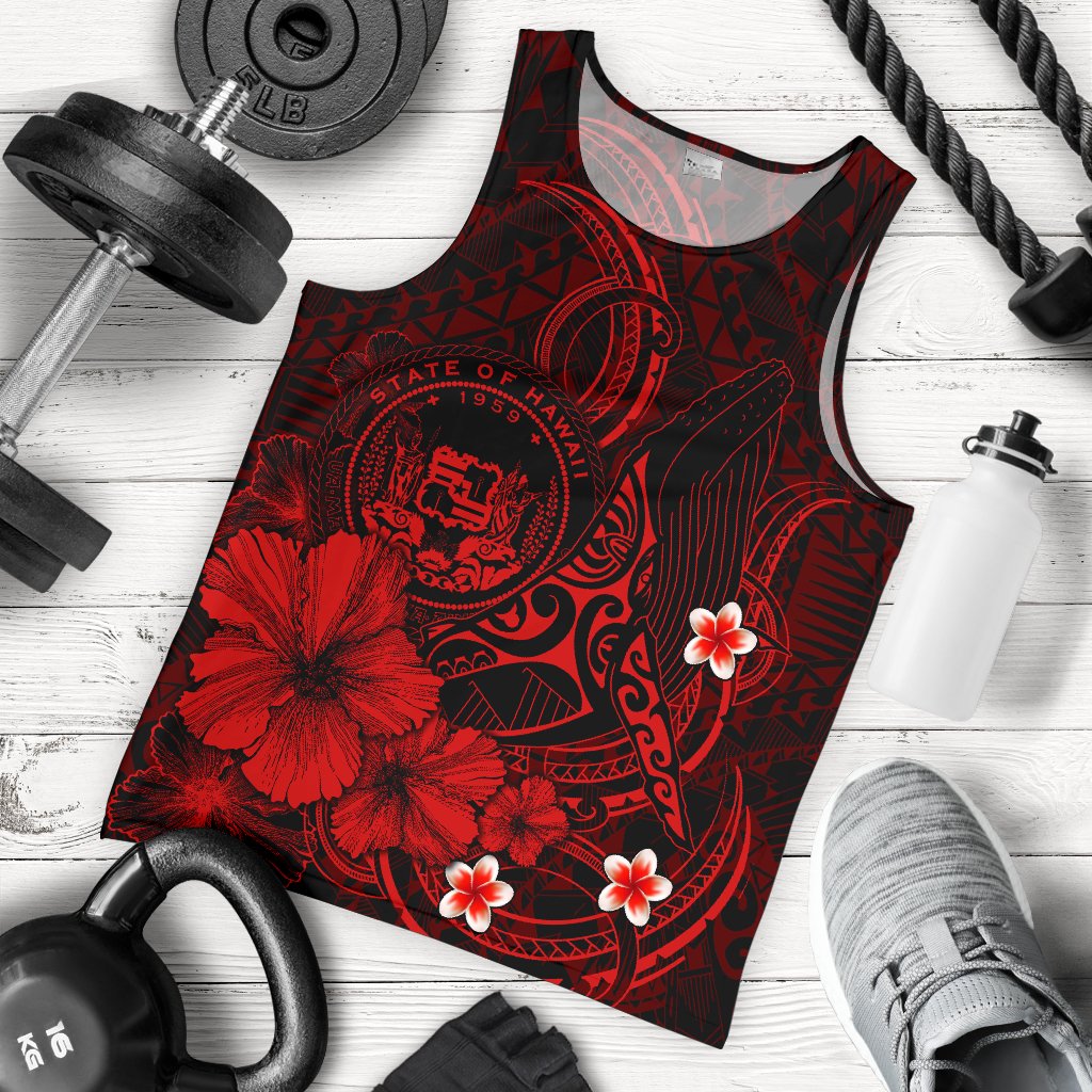 Polynesian Hawaii Men's Tank Top - Humpback Whale with Hibiscus (Red) Red - Polynesian Pride