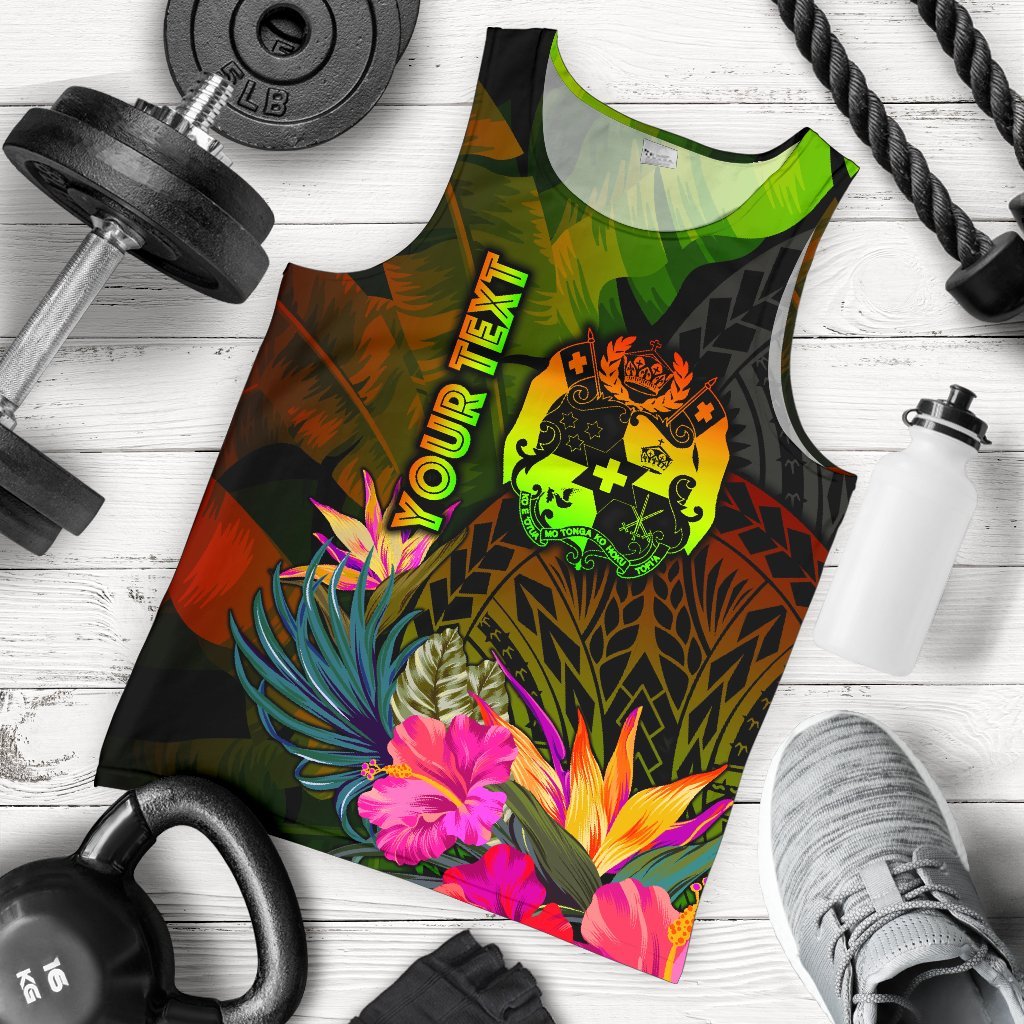 Tonga Polynesian Personalised Men's Tank Top - Hibiscus and Banana Leaves Reggae - Polynesian Pride