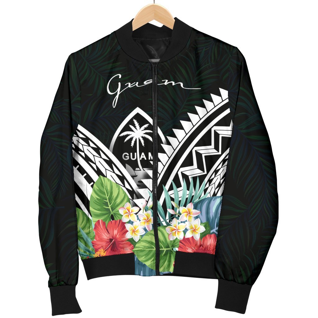Guam Men's Bomber Jacket - Guam Coat of Arms & Polynesian Tropical Flowers White - Polynesian Pride