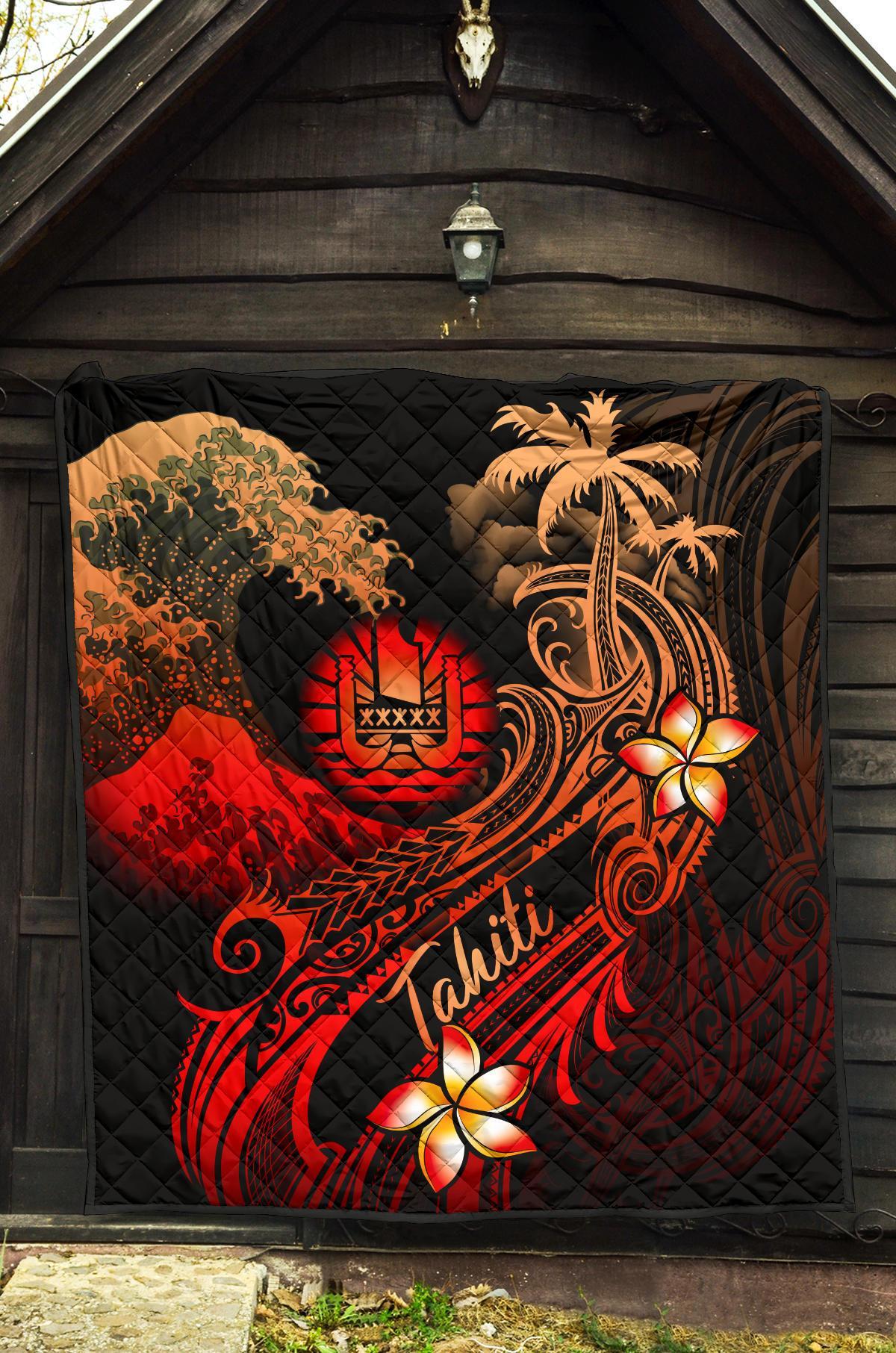 Tahiti Polynesian Premium Quilt - Plumeria Flowers And Waves - Polynesian Pride