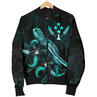 Kosrae Polynesian Men's Bomber Jacket - Turtle With Blooming Hibiscus Turquoise - Polynesian Pride