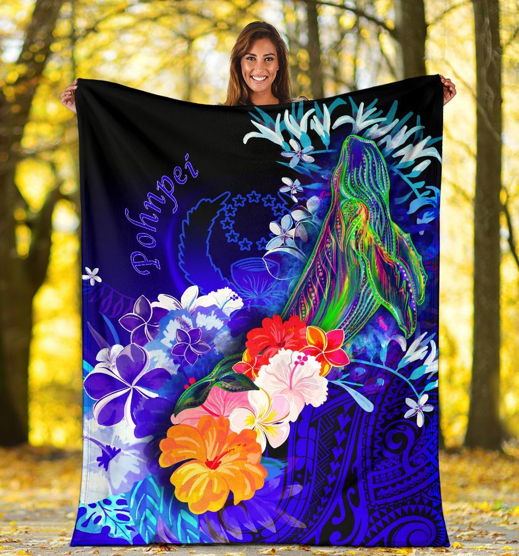 Pohnpei Premium Blanket - Humpback Whale with Tropical Flowers (Blue) - Polynesian Pride
