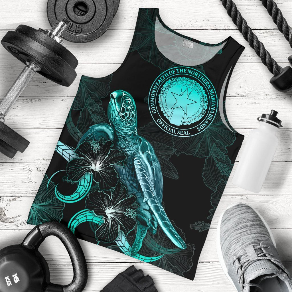 CNMI Polynesian Men Tank Top - Turtle With Blooming Hibiscus Tuquoise Turquoise - Polynesian Pride