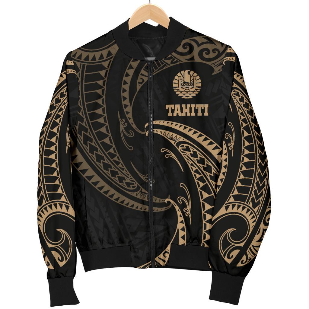 Tahiti Polynesian Men's Bomber Jacket - Gold Tribal Wave Black - Polynesian Pride