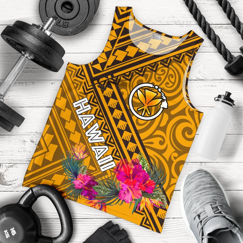 Hawaii Men's Tank Top - Kanaka Maoli With Hibiscus On Polynesian Patterns (YELLOW) Yellow - Polynesian Pride