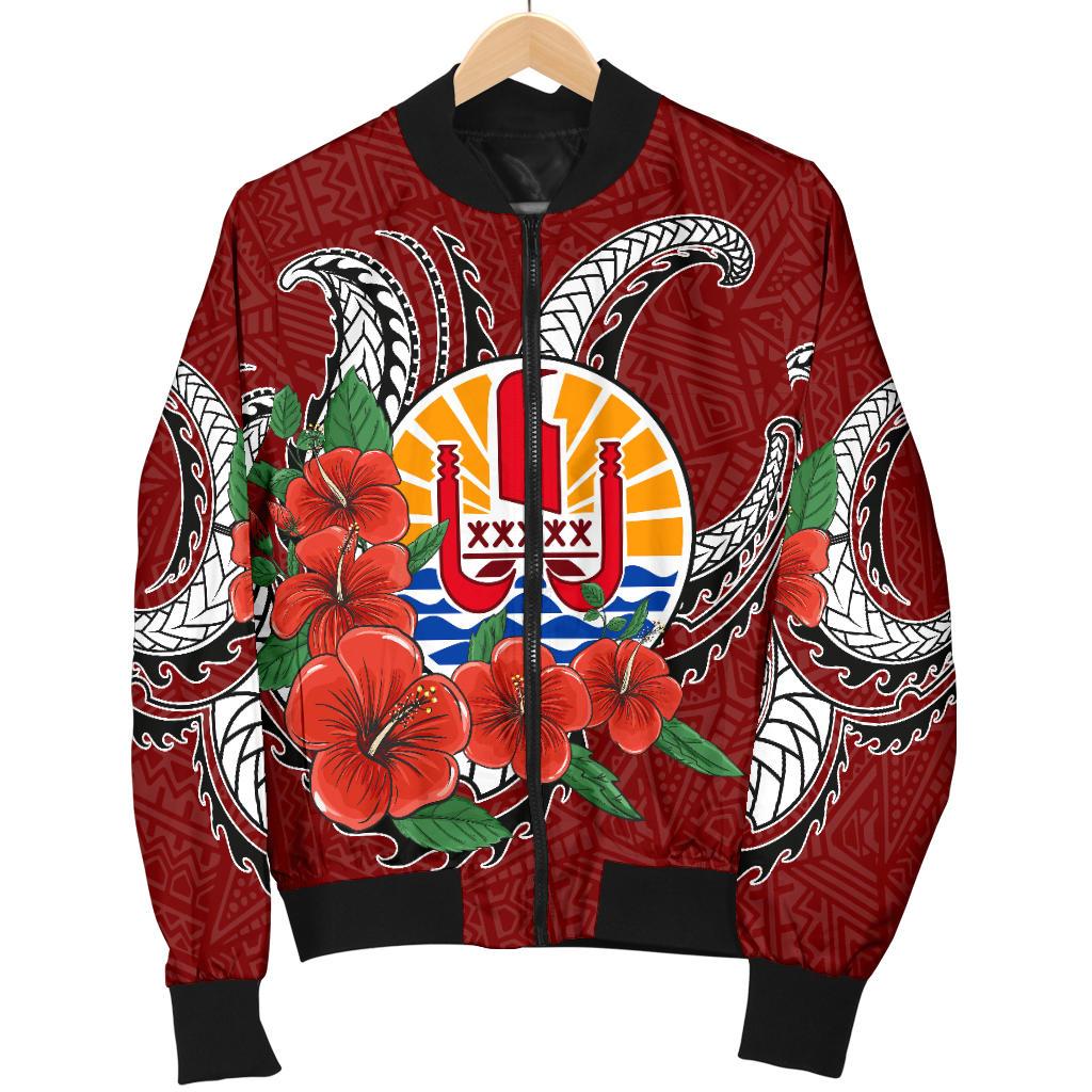 Tahiti Polynesian Men Bomber Jacket - Hibiscus Coat of Arm Red RED - Polynesian Pride