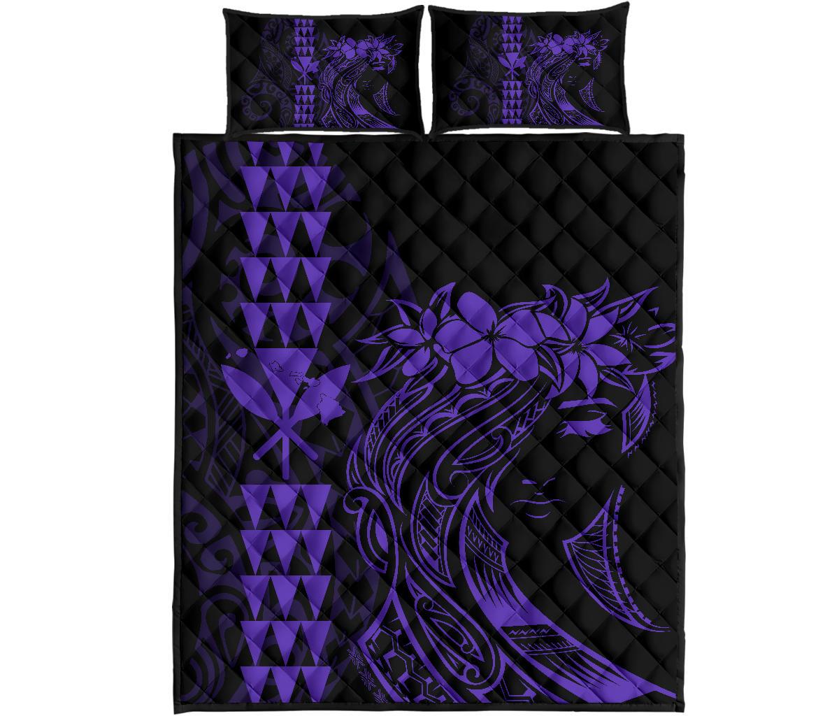 Hawaii Map Kanaka Polynesian Hula Girl Quilt Bed Set - Purple - Polynesian Pride