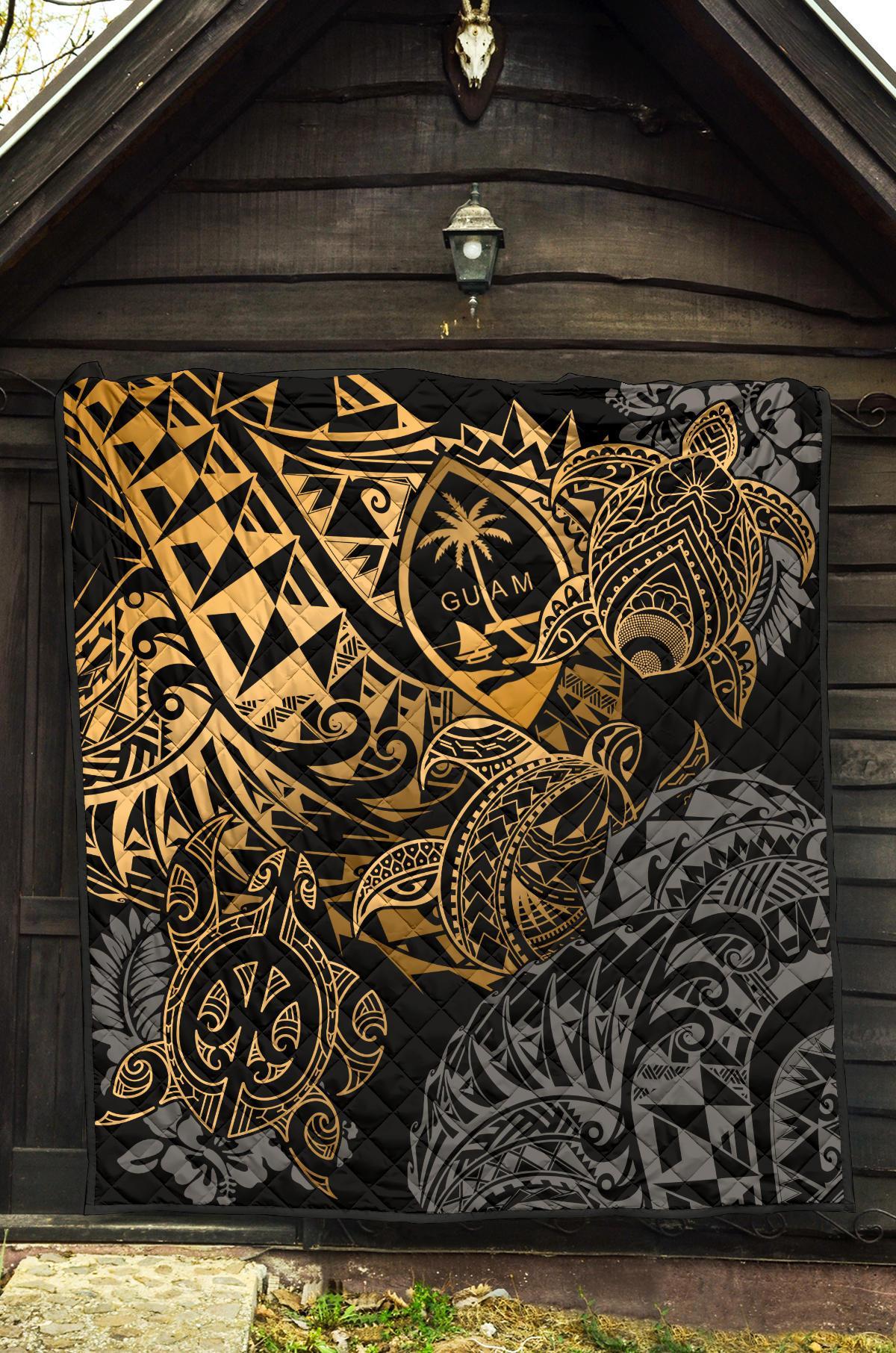 Guam Polynesian Premium Quilt - Gold Turtle Flowing - Polynesian Pride