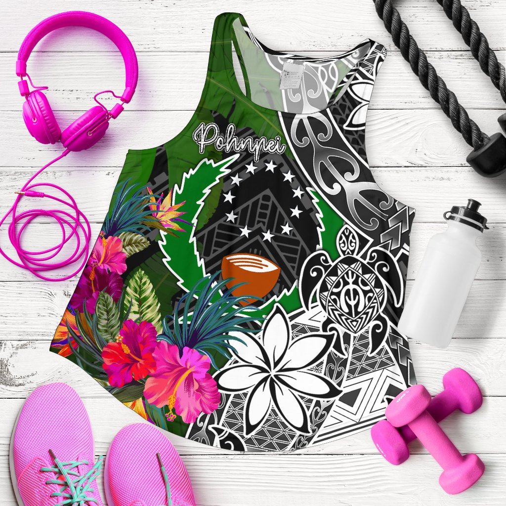 Pohnpei Women Racerback Tank - Turtle Plumeria Banana Leaf Black - Polynesian Pride