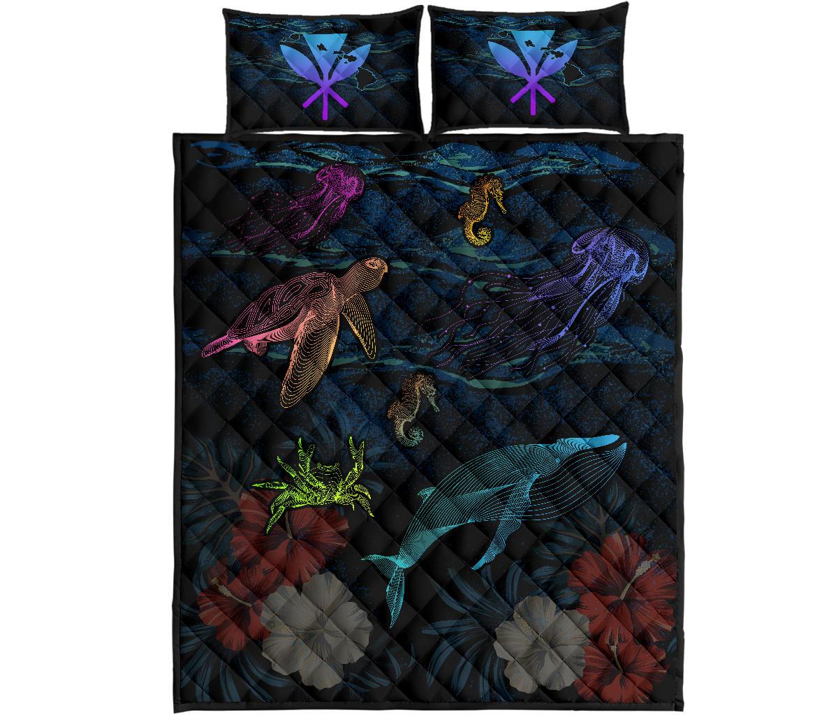 Hawaii Marine Life Sea Quilt Bed Set Black - Polynesian Pride