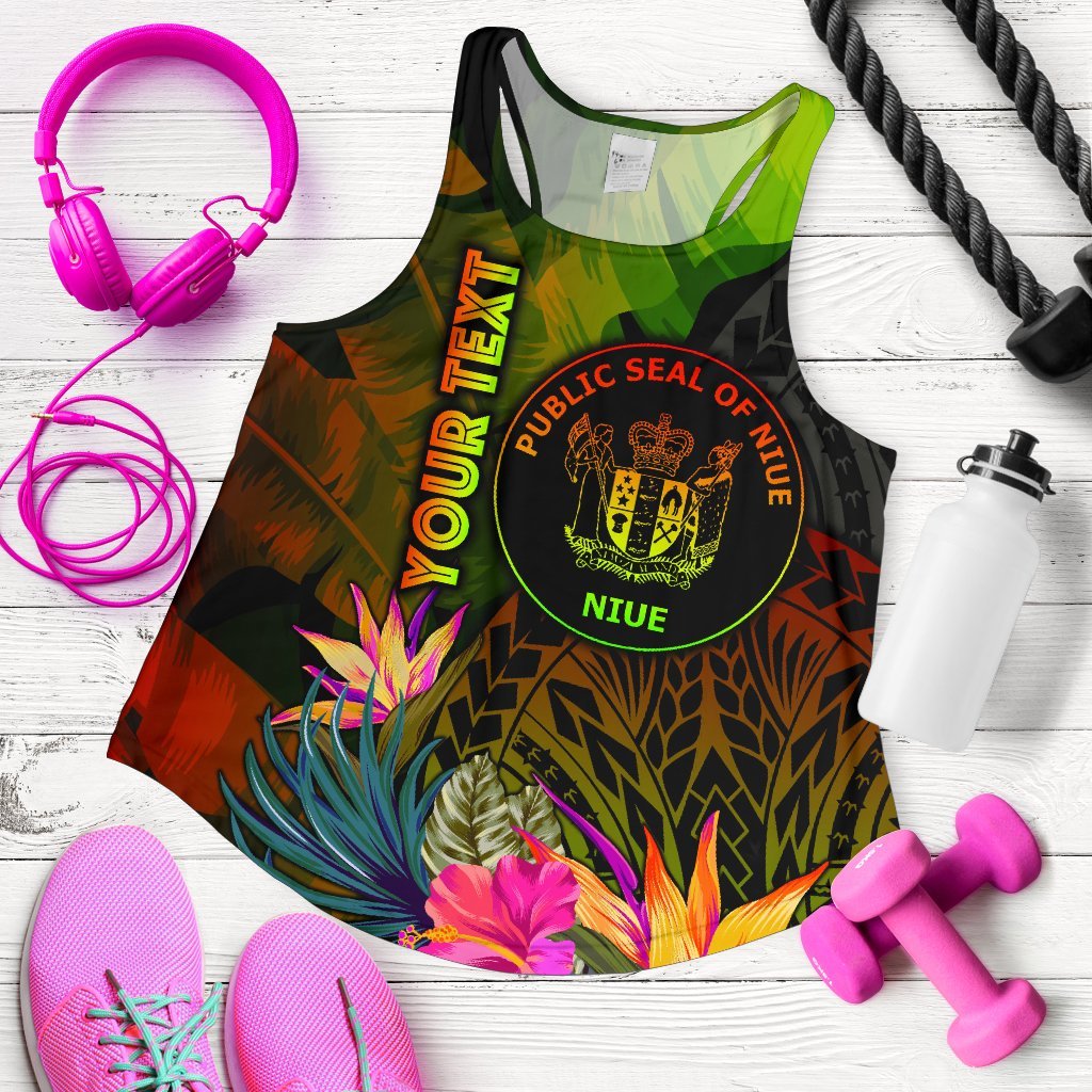 Niue Polynesian Personalised Women's Racerback Tank - Hibiscus and Banana Leaves Art - Polynesian Pride