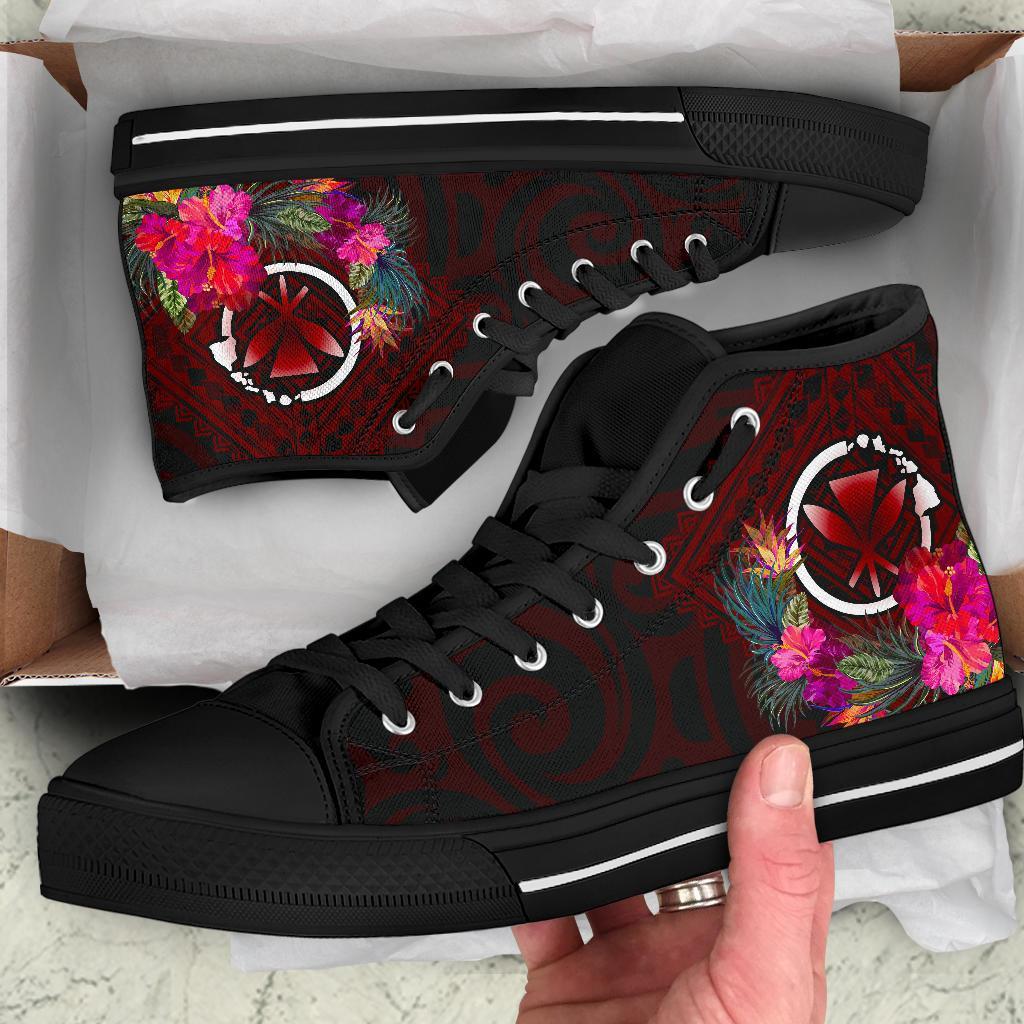 Hawaii High Top Shoes - Kanaka Maoli With Hibiscus On Polynesian Patterns (RED) Unisex Black - Polynesian Pride