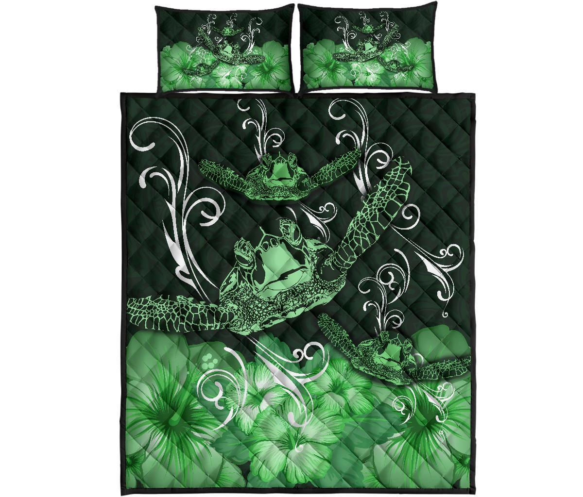 Hawaii Polynesian Turtle Waves Hibiscus Quilt Bed Set - Erik Style - AH - Green Green - Polynesian Pride