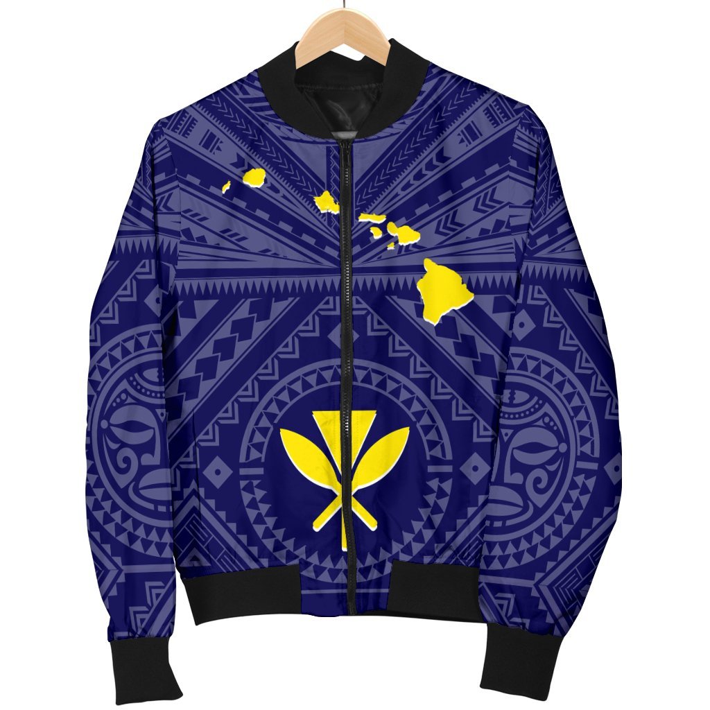 Hawaii Men's Bomber Jacket - Hawaii Kanaka Maoli And Map ( Blue) - Polynesian Pride