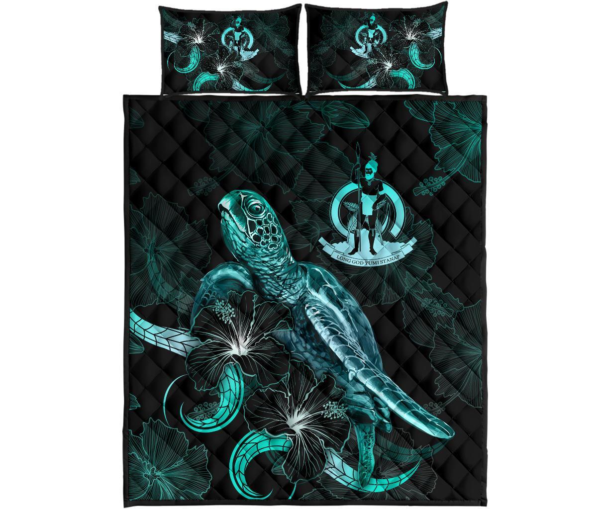 Vanuatu Polynesian Quilt Bed Set - Turtle With Blooming Hibiscus Turquoise - Polynesian Pride