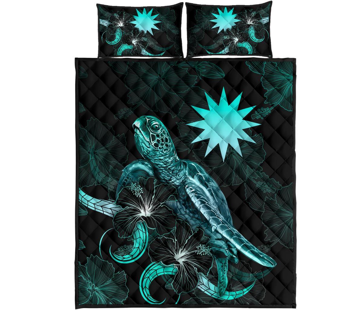 Nauru Polynesian Quilt Bed Set - Turtle With Blooming Hibiscus Turquoise - Polynesian Pride