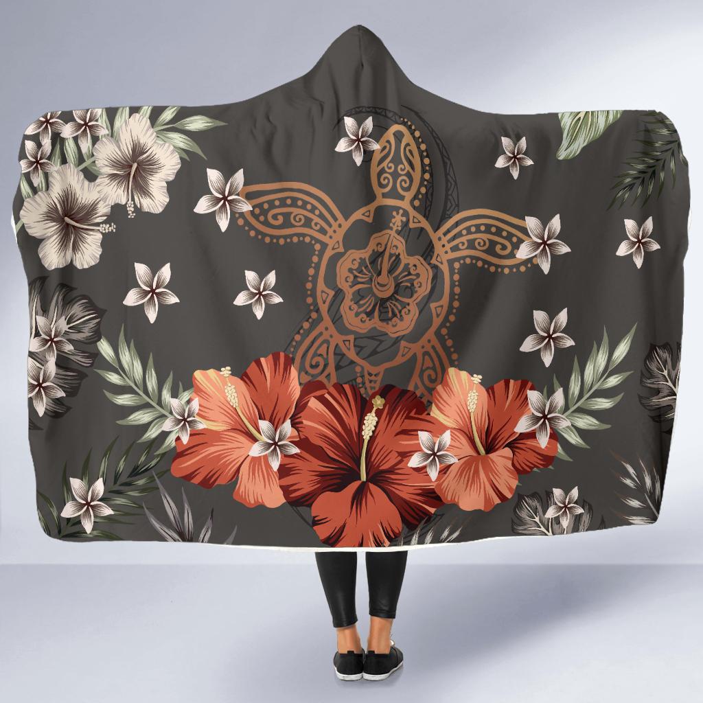 Hawaii Turtle Polynesian Hibiscus Kanaka Style Tropical - Hooded Blanket AH Hooded Blanket Gray - Polynesian Pride