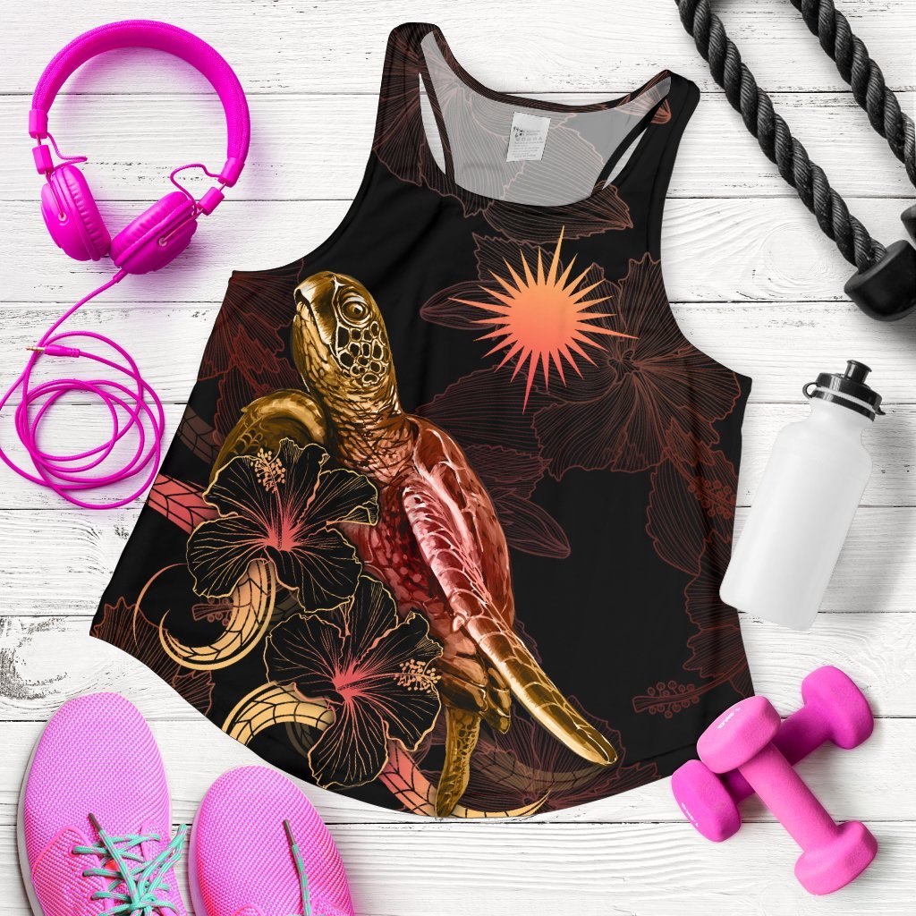 Marshall Islands Polynesian Women Tank Top - Turtle With Blooming Hibiscus Gold Gold - Polynesian Pride