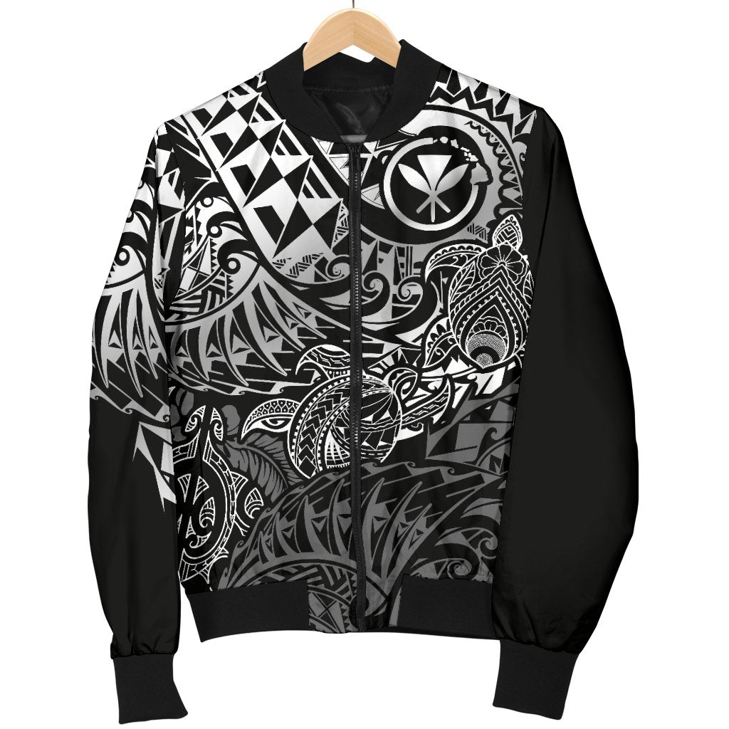 Polynesian Hawaii (Kanaka Maoli) Men Bomber Jacket - White Hibiscus Turtle Flowing - Polynesian Pride