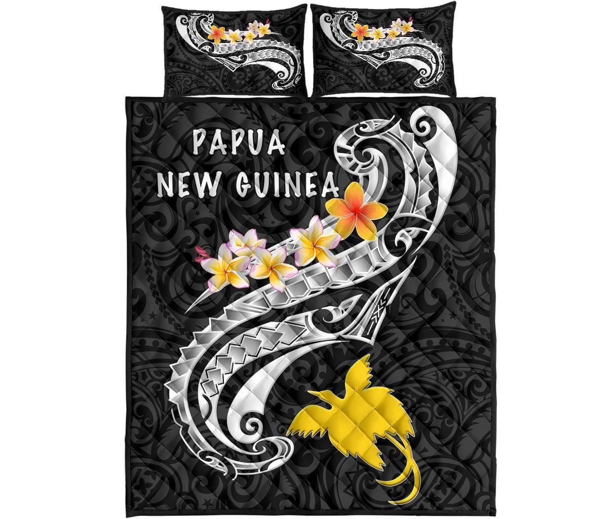 Papua New Guinea Quilt Bed Set - PNG Seal Polynesian Patterns Plumeria (Black) - Polynesian Pride