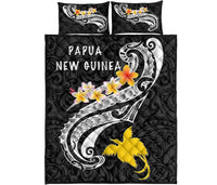 Papua New Guinea Quilt Bed Set - PNG Seal Polynesian Patterns Plumeria (Black) - Polynesian Pride