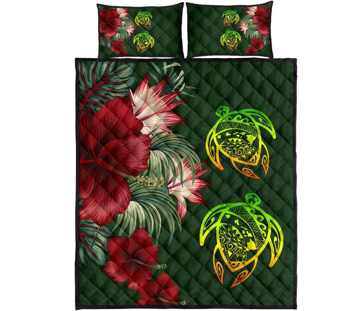 Hawaii Quilt Bed Set - Turtle Hibiscus Pattern Hawaiian Quilt Bed Set - Green Green - Polynesian Pride