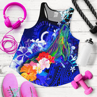 Vanuatu Women's Racerback Tank - Humpback Whale with Tropical Flowers (Blue) Blue - Polynesian Pride