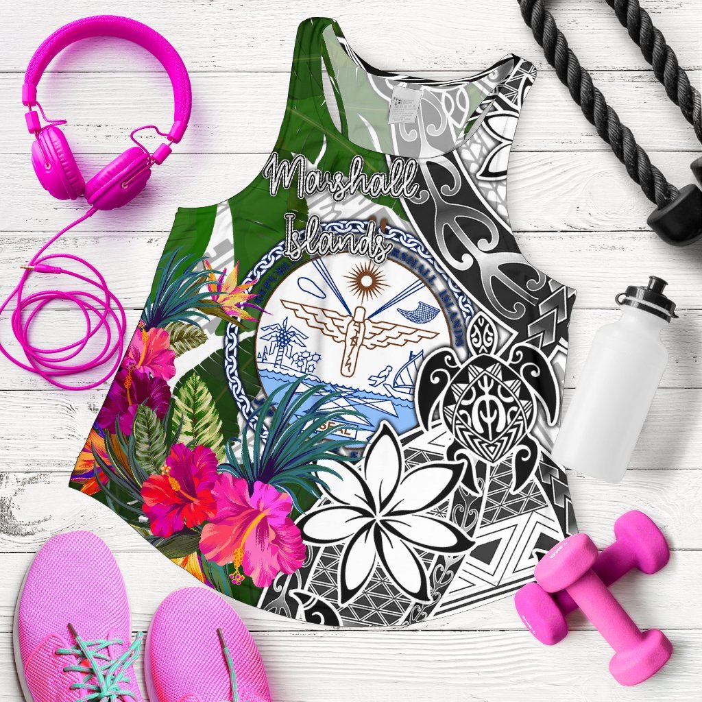 Marshall Islands Women's Racerback Tank White - Turtle Plumeria Banana Leaf Crest White - Polynesian Pride