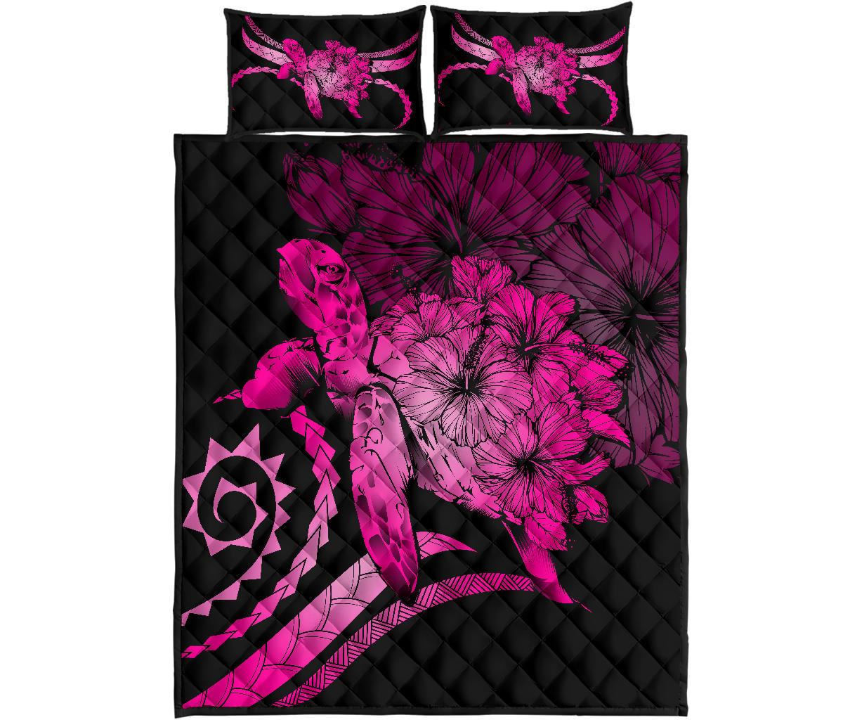 Hawaii Turtle Hibiscus Polynesian Vintage Quilt Bed Set - Pink Art - Polynesian Pride