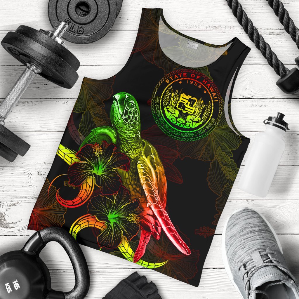 Hawaii Polynesian Men Tank Top - Turtle With Blooming Hibiscus Reggae Reggae - Polynesian Pride