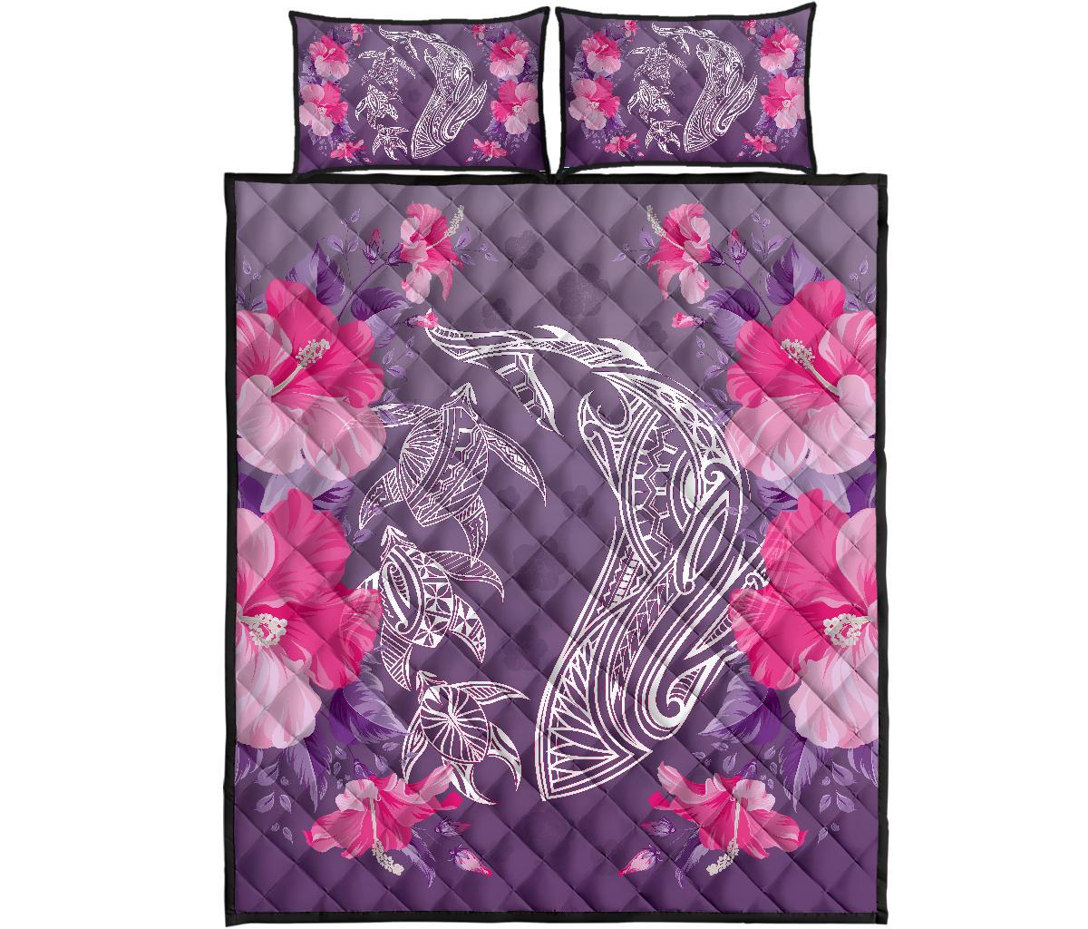 Hawaii Shark Turtle Hibiscus Quilt Bed Set - Wreath Style - AH Art - Polynesian Pride