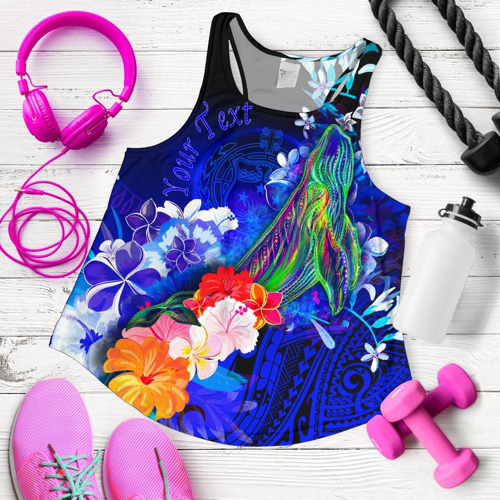 Custom Personalised Samoa Women's Racerback Tank - Humpback Whale with Tropical Flowers (Blue) Blue - Polynesian Pride