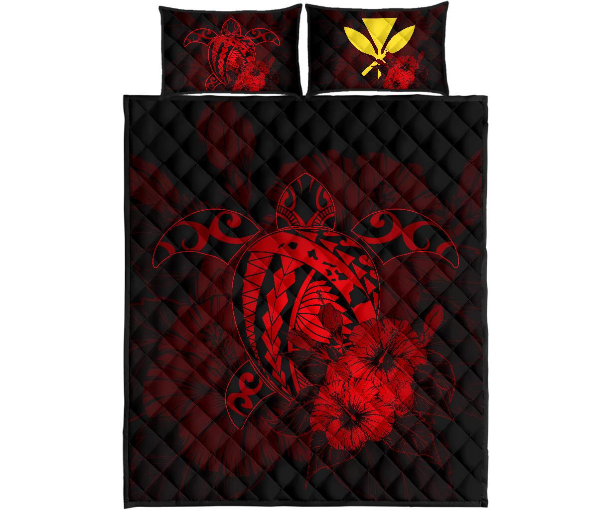 Hawaii Hibiscus Quilt Bed Set - Harold Turtle - Red Red - Polynesian Pride