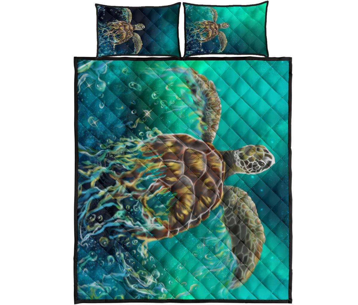 Hawaii Sea Turtle Water Color Travel Galaxy Quilt Bed Set - AH - Green Green - Polynesian Pride